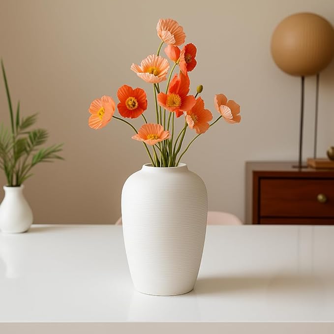 Large Ceramic Vase, 10.24 inch Minimalist Vase for Home Decor, Handmade Farmhouse Flower Vase for Table Centerpiece, Wedding, Living Room, Kitchen Decoration, Shelf Decor (Rice White)