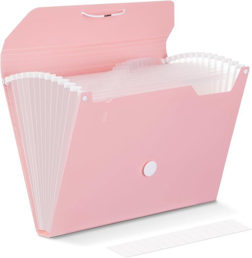 Comix Accordion File Organizer - 13 Pocket Expanding Folder with Labels for A4/Letter Size Documents | Pink