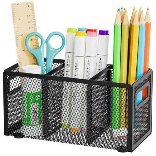 Marbrasse Mesh Pen Holder for Desk,Pencil Holder Desk Organizer 3 Adjustable Compartments,Pencil Cup with Handle Perfect for Classroom, Office, Home,Makeup,Art (Black)