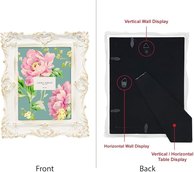 Laura Ashley 5x7 White & Gold Ornate Textured Hand-Crafted Resin Picture Frame w/Easel & Hook for Tabletop & Wall Display, Decorative Floral Design Home Décor, Photo Gallery, Art (5x7, White/Gold)
