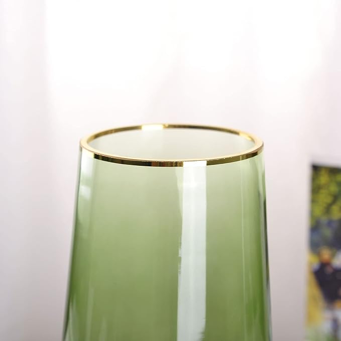 WHJY 9 inch Green Clear Glass Vase for Table Centerpieces Home Décor, Flower vase Modern Glass Bottles Decorative-Green