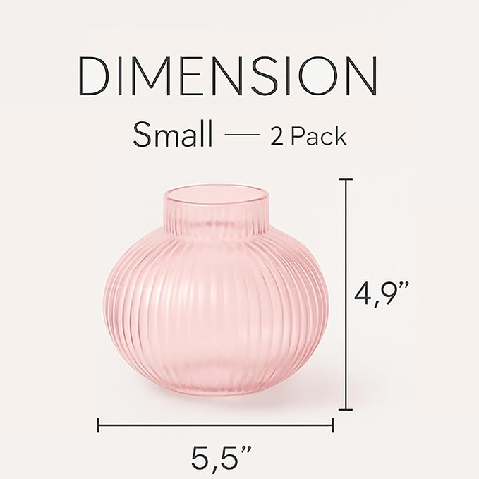 Round Glass Vases, Set of 2 Small Vases for Flowers, Pink Glass Vase for Tulips, Modern Vase for Living Room, Office, Coffee Table, Shelf, Wedding, 5 Inches