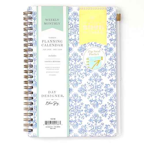 Blue Sky Day Designer 2026 Weekly and Monthly Planner Calendar, January 2026 - December 2026, 5" x 8", Flexible Cover With Zip Pouch, Durable Twin Wire Binding, Storage Pocket, Includes Stickers, Serenity Tile Blue