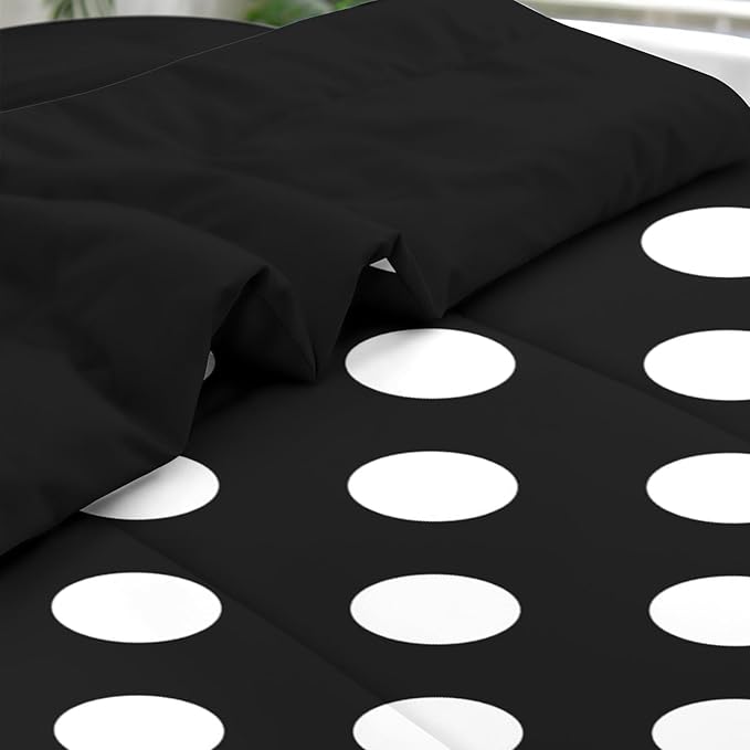 Comforter Set Queen Size, Polka Dot 7 Pcs Bedding for Kids and Adults, Black and White Bed Sheet Sets with Fitted Sheet 2 Pillowcase & 2 Sham for Bedroom Bed Decor