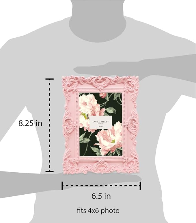 Laura Ashley 4x6 Pink Ornate Textured Hand-Crafted Resin Picture Frame with Easel & Hook for Tabletop & Wall Display, Decorative Floral Design Home Décor, Photo Gallery, Art, More (4x6, Pink)