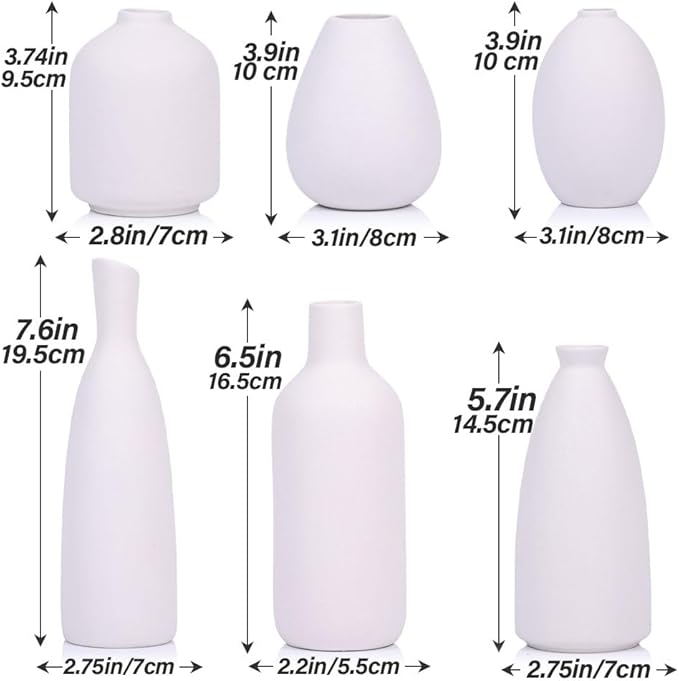 White Ceramic Vase Set of 6, Modern Boho Vases for Dry Flowers, Small White Vases for Decor, White Small Vases for Centerpieces in Bulk, Mini Small Flower Vases for Wedding Home Table Party Decor