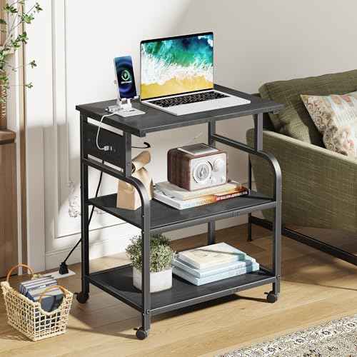 YAOHUOO 3 Tier Large Printer Stand with Power Outlet/Adjustable Storage Shelf, Rolling Cart with Wheels, Printer Table for Home Office 3D Printer/Heat Press/Laster, 22"¡¿15" Black
