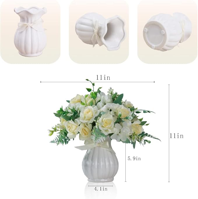 LESING Artificial Rose Silk Hydrangea Flowers Bouquets with Vase Rustic Fake Flowers for Home Decoration Table Centerpiece (White)