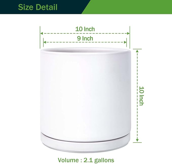 Kazeila Plant Pots Ceramic Planter for Indoor Outdoor Plants Flowers 10 Inch Matte White Large Cylinder Flower Pot with Saucer and Drainage Hole,Glazed Finish Interior and Exterior