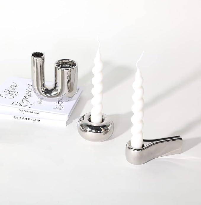Silver Candlestick Holders, Decorative Taper Candle Holder Set Decor for Table Centerpiece Fireplace, Modern Silver Candle Holders Set, Aesthetic Ceramic Candle Stick Holder