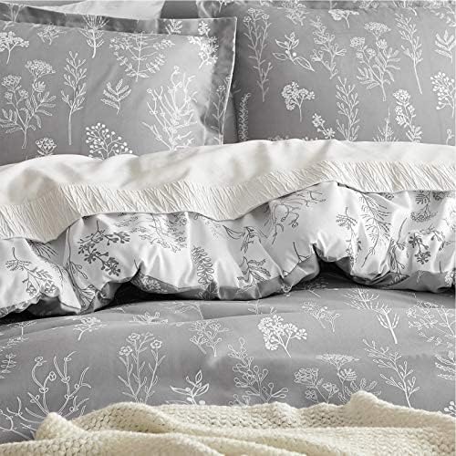 Bedsure Queen Comforter Set - Grey Bed Set, 3 Pieces Cute Floral Bedding, 1 Soft Reversible Botanical Flowers Comforter and 2 Pillow Shams