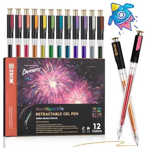 Retractable Super Glitter Gel Pens, 12 Colors Large Capacity Metallic Sparkle Gel Ink Pens, 1 mm Fine Point Smooth Writing Color Pen for Adult Coloring Book Note Taking Aesthetic Art Supplies