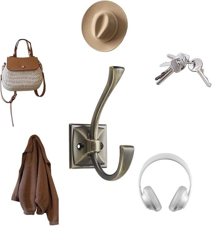 2 Pack Decorative Heavy Duty Towel Hooks for Hanging Robe Double Brushed Antique Brass Coat Hooks Wall Mounted with Screws for Key, Towel, Bags, Cup, Hat