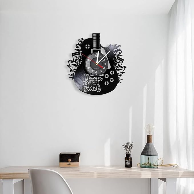 12 Inches Guitar Unique Music Vinyl Record Wall Clock Battery Operated Silent Quartz Non-Ticking, Rock n Roll Hanging Wall Clock Watch Music Gift for Rock Band Singer Idol Man Cave Bedroom