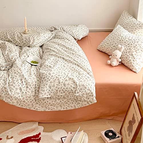 EAVD King Cotton Bed Linen Set, Garden Style, 100% Cotton, Small Floral, 1 Duvet Cover, 2 Pillowcases, Zipper Closure