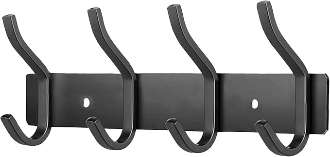 HAMUTH Black Wall Hooks, 12 Inch Coat Rack Wall Mount with 4 Hooks, Wall Hooks Heavy Duty for Hanging Backpack, Bag, Purse, Clothes, Hat, Coat, Towel | Entryway & Bathroom Storage Organization Hanger