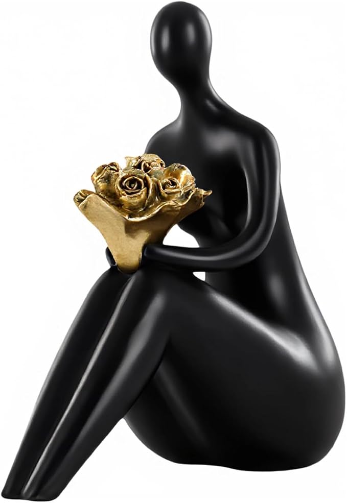 Lescafita Black Abstract Figure Statue with Golden Flowers, Modern Resin Sculpture, Minimalist Art Figurine for Home or Office Decor, Elegant Gift for Art Enthusiasts