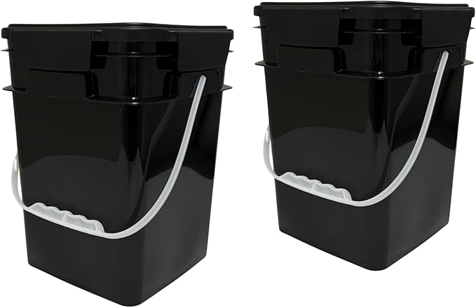 House Naturals 4 Gallon Square Food Grade Plastic Bucket with Lid, Made in USA (Pack of 2) BPA Free (Black)