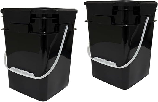 House Naturals 4 Gallon Square Food Grade Plastic Bucket with Lid, Made in USA (Pack of 2) BPA Free (Black)