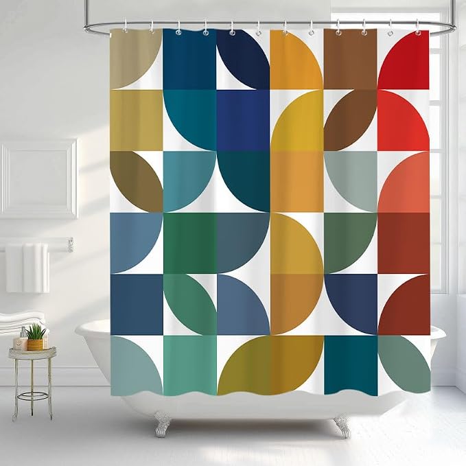 Colorful Mid Century Modern Shower Curtain, Boho Abstract Geometric Retro Art Shower Curtains for Bathroom, Rainbow Unique Cute Pattern Polyester Fabric Bathroom Set 12 Hooks 60X72IN