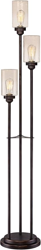 Franklin Iron Works Libby Industrial Modern 66" Tall Tree Floor Lamp with Smart Socket Oiled Bronze Brown Metal 3-Light Amber Seeded Glass Shade for Living Room Family Bedroom Office House Home