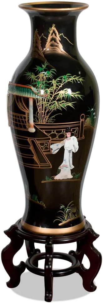 China Furniture Online 24 Inch Black Lacquer Mother of Pearl Oriental Porcelain Vase
