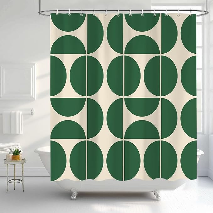 Green Mid Century Modern Shower Curtain, Boho Abstract Geometric Retro Art Bath Curtains for Bathroom, Colorful Unique Pattern Waterproof Polyester Fabric Bathroom Set 12 Hooks 72X72IN
