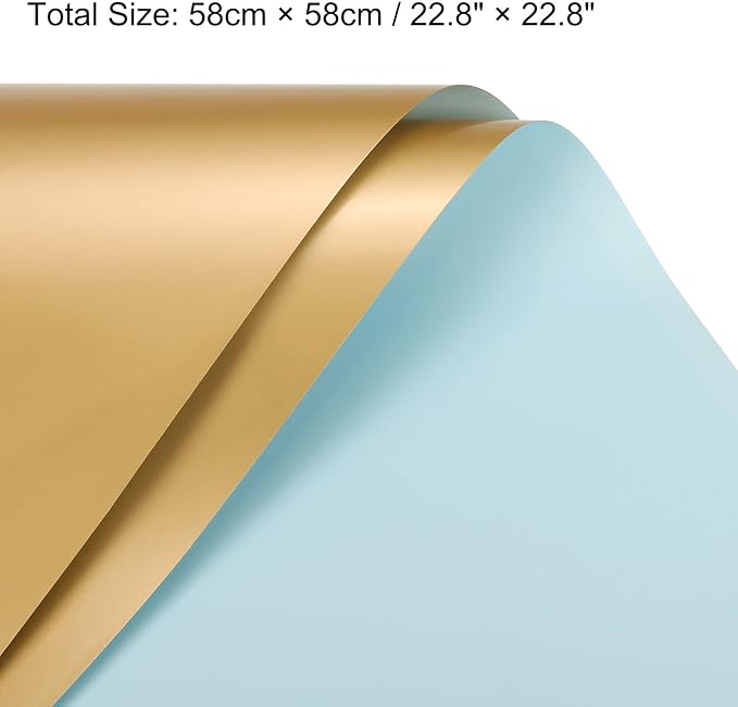 MECCANIXITY 10 Pcs Double Sided Color Flower Wrapping Paper Light Blue+Gold 22.8"x22.8" Waterproof for Florist Bouquet Supplies, DIY Crafts, Gift Box Packaging