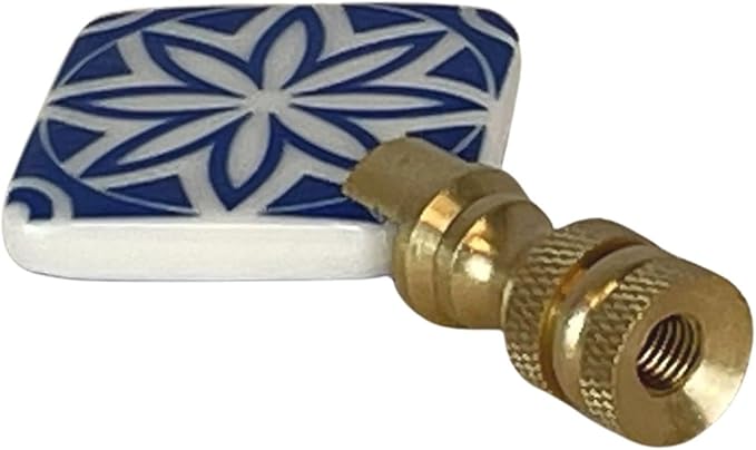Royal Designs, Inc. Blue & White Porcelain Mandala Flower Design Finial for Lamp Shade, Polished Brass