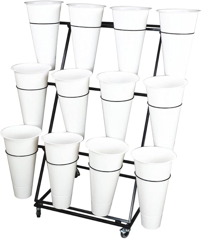 Decorative Display Stand With Buckets for Cut Flowers, Heavy Duty Rolling Plant Stand on Wheels, Indoor Outdoor Cart Ladder Shelf for Florist, Garden, Patio (3 Tier 12 White Bucket)
