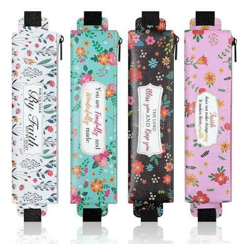 MoKo Elastic Pen Holder for Notebook, 4 Pieces PU Leather Pencil Case with Adjustable Band, Stationery School Supplies Zipper Bag for Planners, Journals, Book