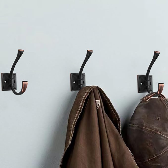 2 Pack Decorative Heavy Duty Towel Hooks for Hanging Robe Double Oil Rubbed Bronze Coat Hooks Wall Mounted with Screws for Key, Towel, Bags, Cup, Hat