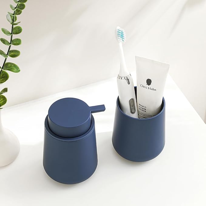 YAUKPH Matte Blue Bathroom Accessories 2 Piece Set Plastic Soap Dispenser and Toothbrush Holder for Modern Bathroom Decor