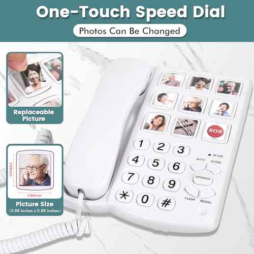 Big Button Phone for Seniors, 9 Big Photo Buttons & One-Click Dialing, Loud Bell, Easy to Program, Landline Phones for Seniors, for People with Visual, Hearing & Memory Impairments