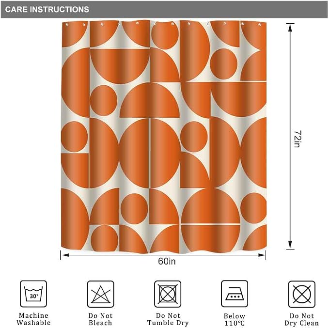 Vintage Orange Mid Century Modern Shower Curtain Boho Abstract Geometric Art Shower Curtains for Bathroom Decor 60x72 Inch 70s 80s Retro Washable Fabric Bathroom Set with 10 Hooks
