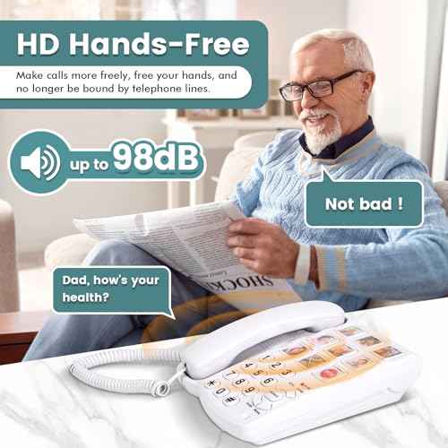 Big Button Phone for Seniors, 9 Big Photo Buttons & One-Click Dialing, Loud Bell, Easy to Program, Landline Phones for Seniors, for People with Visual, Hearing & Memory Impairments