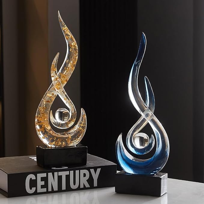 Modern Abstract Art Table Decoration,Resin Flame Statue Modern Centerpiece Ornaments for Living Room Great Gift Idea Home Decor,Collectibles (White+Gold)