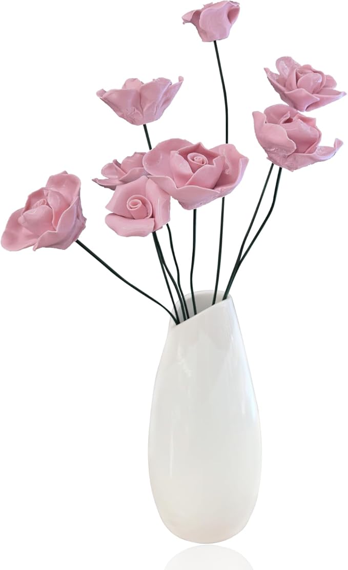 Artificial Flowers with Vase Set, 8 Handmade Ceramic Flowers with Premium Ceramic Vase, Easy Assembly Home Decor Gift Box for Wedding, Mother’s Day, Table Centerpiece (Pale Pink)