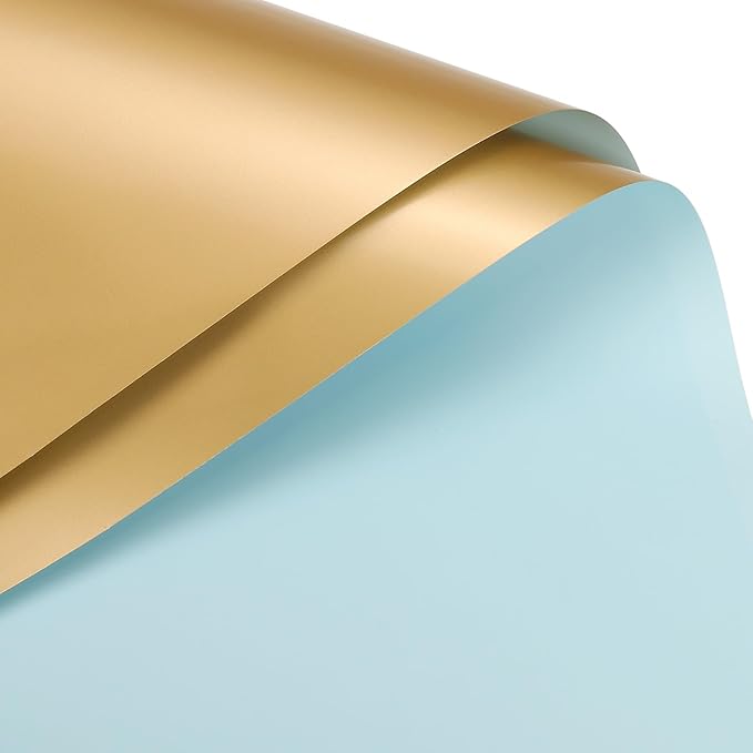 MECCANIXITY 20 Pcs Double Sided Color Flower Wrapping Paper Light Blue+Gold 22.8"x22.8" Waterproof for Florist Bouquet Supplies, DIY Crafts, Gift Box Packaging