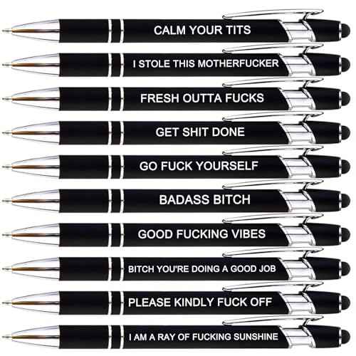 10pcs Fuck Pens Set, Swear Word Pens, Fun Pens for Adults, Funny Office Gifts, Smooth Writing Ballpoint Pens with Stylus Tips, Black Ink