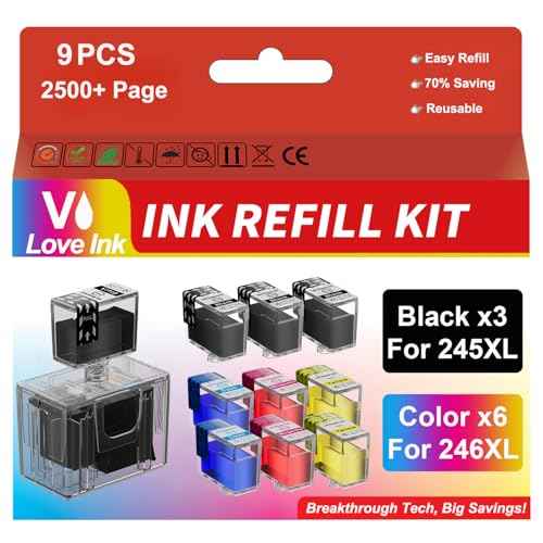 245XL 246XL Ink Refill Kit for Canon 245XL 246XL Combo Pack Compatible for Canon MG2522 Printer Ink Cartridges PIXMA MX492 TR4520 TR4500 TS3322 TS202 TS3122, 9 Pack (3BK/2C/2M/2Y)