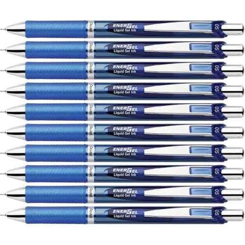 Pentel Energel 0.5 mm Blue Needle Tip, Fine Point Pens - Pack of 10 Retractable Liquid Gel Ink Pens