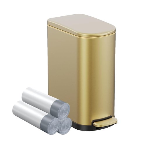 KSSKSS Slim Bathroom Trash Can - 2.6 Gallon Stainless Steel with Soft Close Foot Pedal | Gold Finish