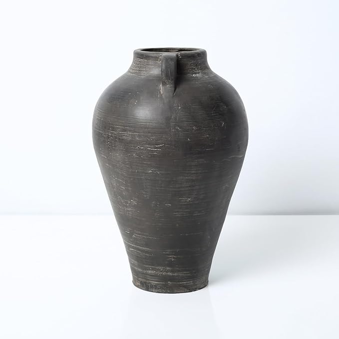 Approx. 14" H Charcoal Gray Vase with Two Handles (4.9" Opening)