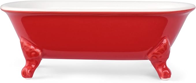 6.5" Ceramic Mini Decorative Clawfoot Bathtub Bar Soap Dish, Kitchen Sponge Holder and Shower Tray for Bathroom, 1 Pack(Chili)