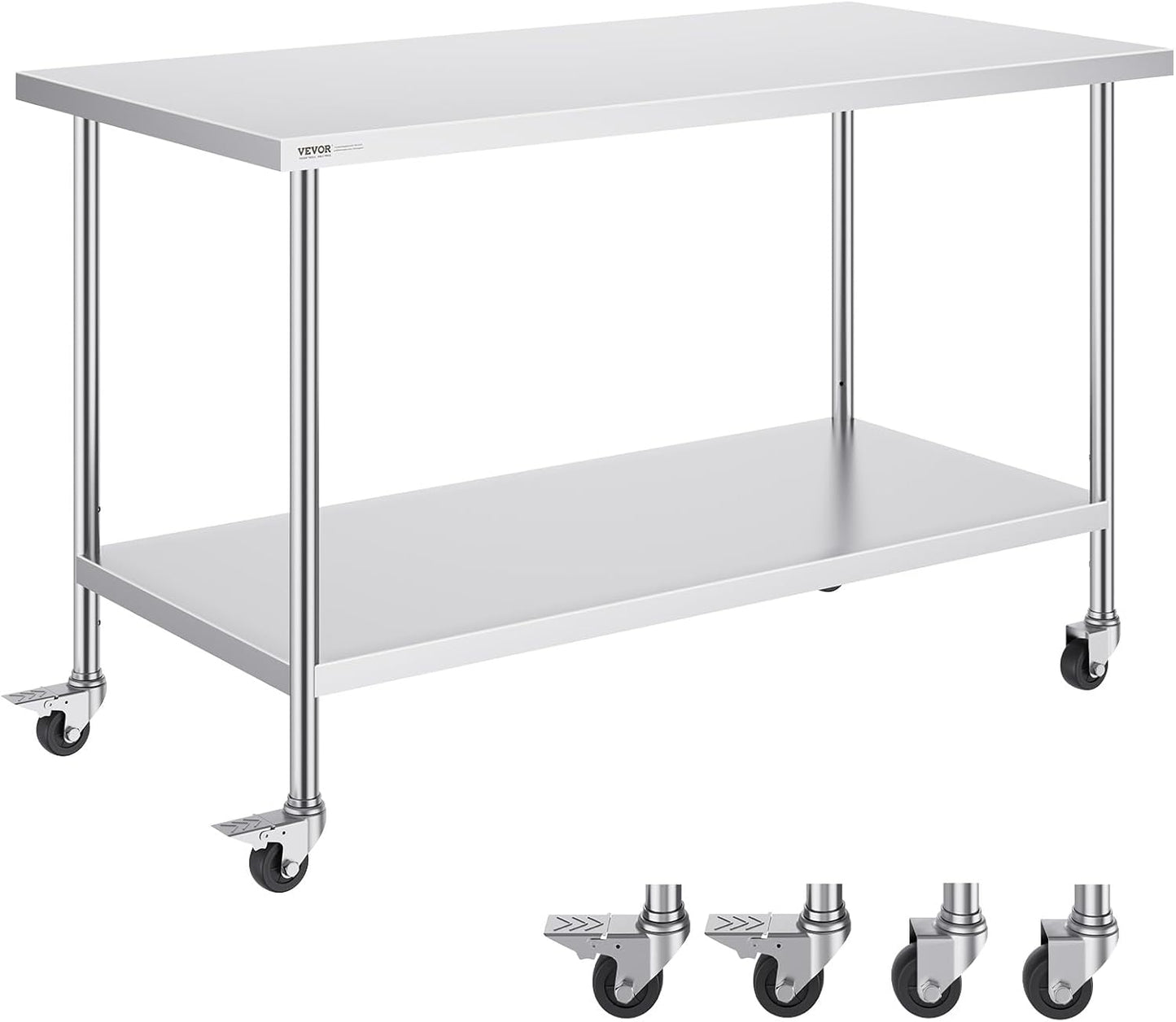VEVOR Stainless Steel Work Table - Heavy-Duty Food Prep Table with 4 Wheels | 30 x 60 x 38 Inch, Adjustable Height