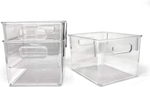 Isaac Jacobs Medium Clear Storage Bins - 3-Pack Plastic Organizers with Handles for Home, Kitchen & Fridge | BPA Free, Food Safe