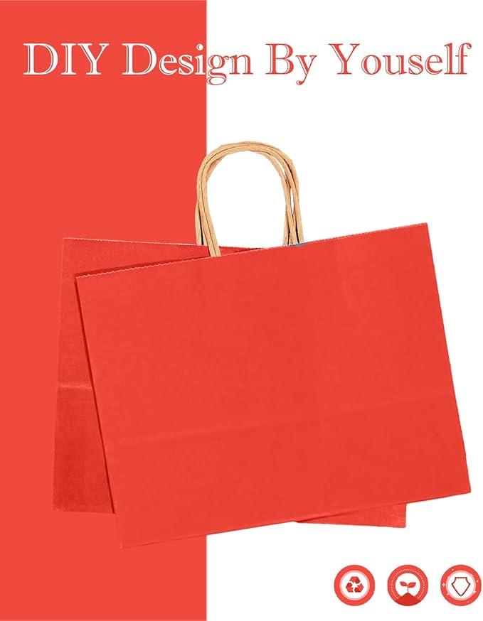 qiqee 13"x4.5"x10" Large Gift Bag with Handles Bulk 32PCS Gift Paper Bags Red Bags Multiple Uses (Wide Large)