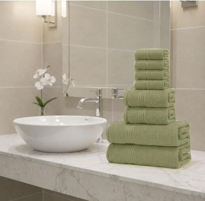 8 Piece Bath Towels for Bathroom - 100% Cotton, Soft Absorbent Bathroom Towels Set - 2 Extra Large Bath Towels, 2 Hand Towels & 4 Washcloths - Hotel Spa Thick Plush Towel, Sage Green