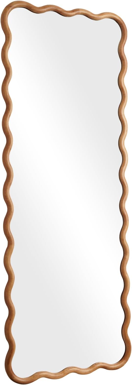 WallBeyond 24"x65" Full Length Mirror with Wood Frame, Natural Wood Wavy Mirror, Decorative Floor or Wall Mounted Mirror for Bedroom, Living Room, Entryway and Dressing Room